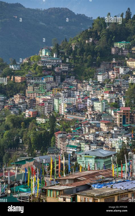 Beautiful aerial view of the Gangtok city, capital of Sikkim state, Northern India Stock Photo ...