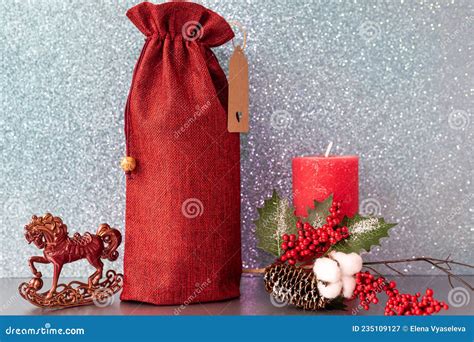 Christmas Mockup Wine Gift Bag and Candle. New Years Eve Mockup Stock Image - Image of card ...
