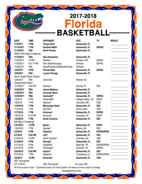 Printable 2017-2018 Florida Gators Basketball Schedule