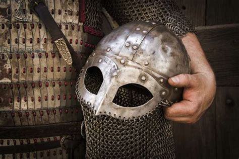 Historical reenactment: Viking Warrior, detail of helmet with aventail ...