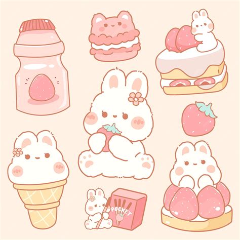 Premium Vector | Cute strawberry dessert kawaii food with cute rabbit ...