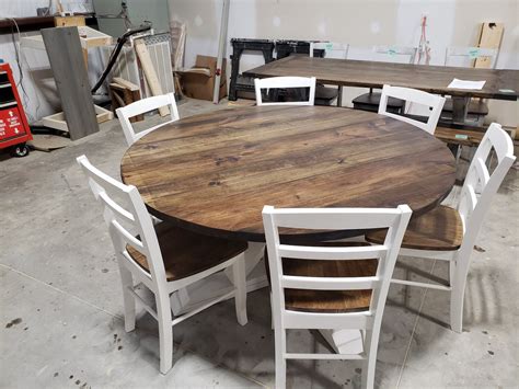 5ft Round Rustic Farmhouse Table with chairs, Single Pedestal Style Base, Dark Walnut Top with ...