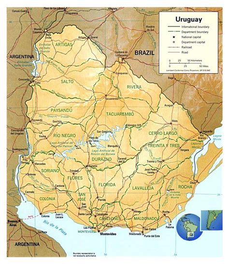 Large political and administrative map of Uruguay with relief | Uruguay ...