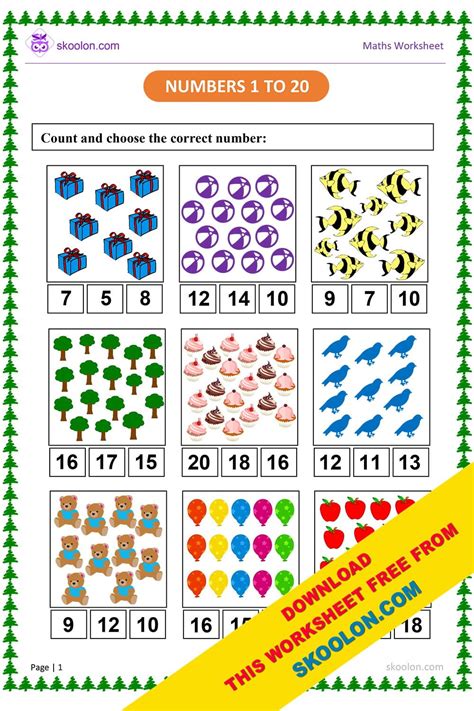 Count and Match Numbers 1 to 20 Worksheet for KG - skoolon.com