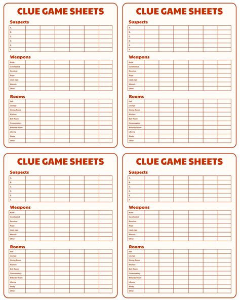 Clue Board Game Printable Sheets