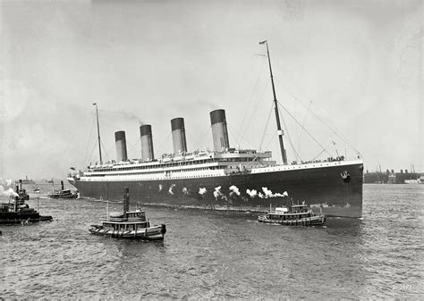 White Star liner RMS Olympic (Titanic’s sister ship) guided in by tugboats, New York City, June ...