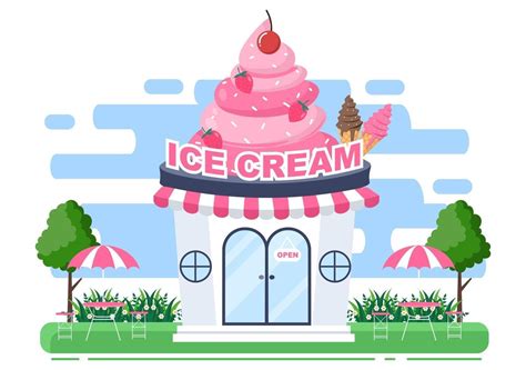 Ice Cream Shop Illustration With Open Board, Tree, And Building Store ...