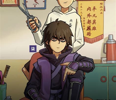 two anime characters one holding scissors and the other sitting down