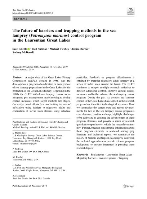 (PDF) The future of barriers and trapping methods in the sea lamprey (Petromyzon marinus ...