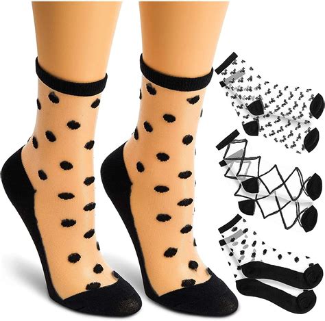 Sheer Ankle Socks in Stripes, Argyle and Bow Patterns (Black and White, 3 Pairs) : Amazon.ca ...