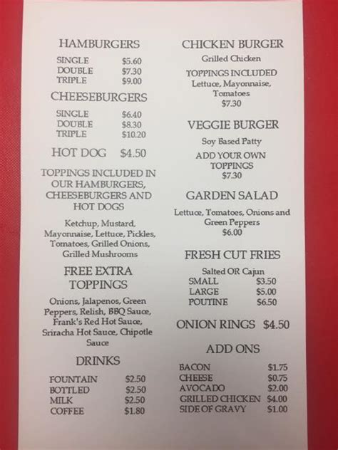 Menu at Outlaws Burgers and Fries restaurant, Thunder Bay