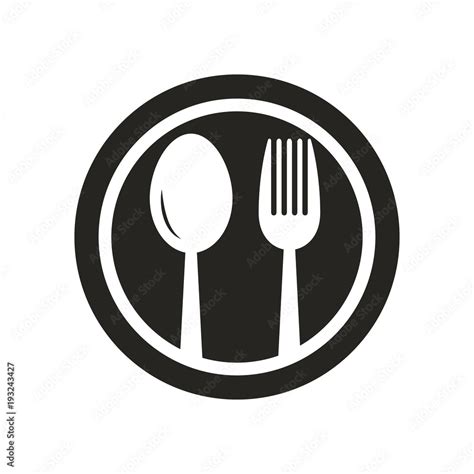 Spoon and fork on plate logo black and white, Spoon and fork vector icon, cafe restaraunt logo ...