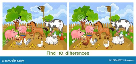 Find Ten Differences. Game for Children with Farm Animals Stock Vector - Illustration of game ...