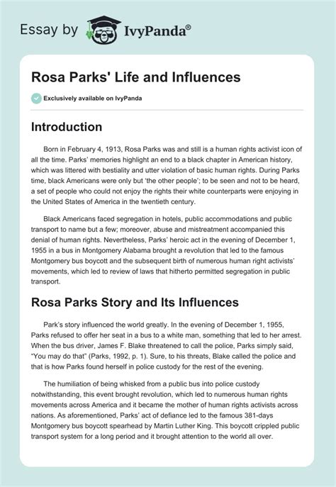 Rosa Parks' Life and Influences - 1214 Words | Essay Example