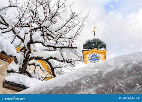 Roof of Old Building Covered with Thick Snow Drift Layer after Heavy Snowfall Blizzard and ...