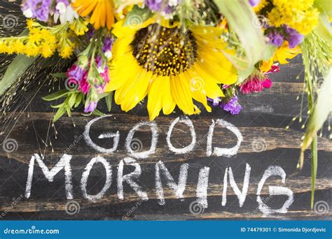 Words Good Morning with Summer Flowers on a Rustic Wooden Background ...