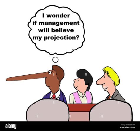 Business cartoon of meeting and manager with long nose thinking, 'I wonder if management will ...