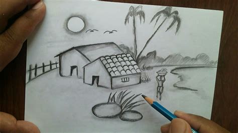 Easy Village Scene Pencil Drawing : Snowy mountains, a frozen lake make easy pencil drawings of ...