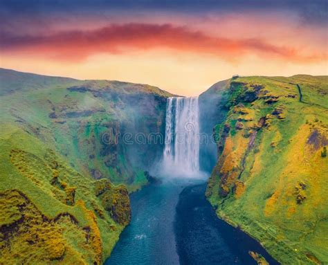 Spectacular Summer View from Flying Drone of Skogafoss Waterfall. Stock ...