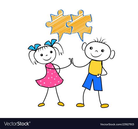 Cartoon characters connecting puzzles together Vector Image