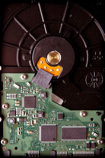 Hard Disk Base With Green Microcircuit Components Stock Photo - Download Image Now - 2015, Black ...