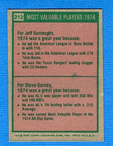 CARTE JEFF BURROUGHS/STEVE Garvey 1975 Topps Mini 1974 Mvp #212 - Pas De Prix De Réserve EUR 5 ...