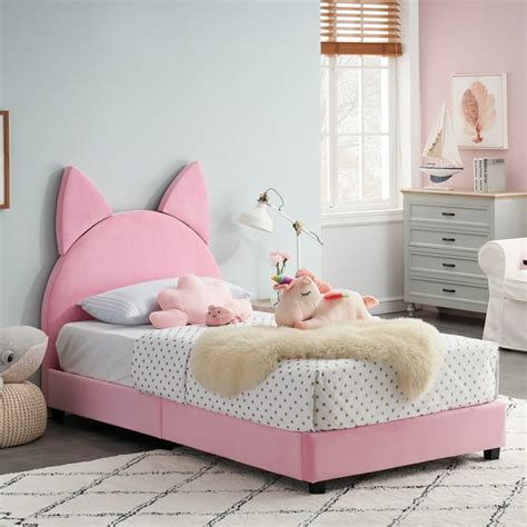 VECELO Kids Children Upholstered Bed Frame, Cat Shape, Twin Size, Suitable for Girls, Pink ...