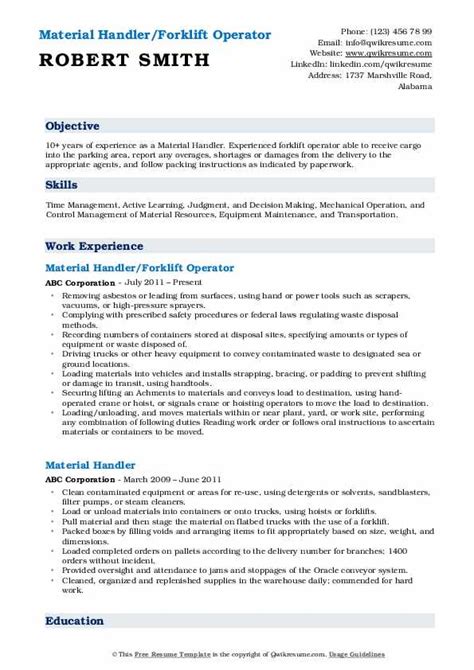 Material Handler Resume Samples | QwikResume