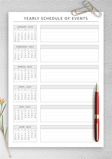 Download Printable Yearly Schedule of Events Template PDF