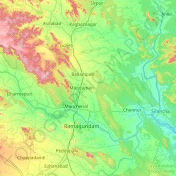 Mancherial District topographic map, elevation, terrain