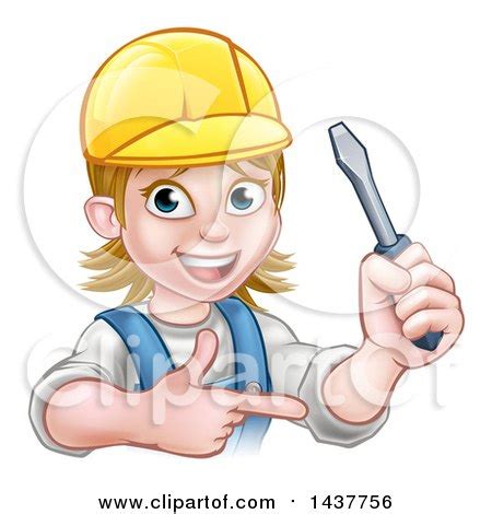 Cartoon Happy White Female Electrician Wearing a Hardhat, Holding up a Screwdriver and Pointing ...