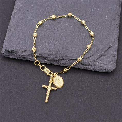 Textured Rosary Cross Virgin Mary Bracelet Real 10K Yellow - Etsy