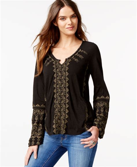 Lucky Brand Embellished Peasant Top in Black - Lyst