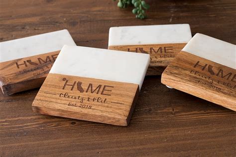 Marble and Wood Engraved Coaster Set Marble Coasters - Etsy