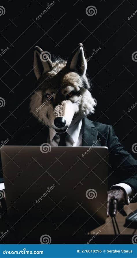 A Man in a Suit with a Wolf Mask on Using a Laptop. AI Generative Image. Stock Photo - Image of ...