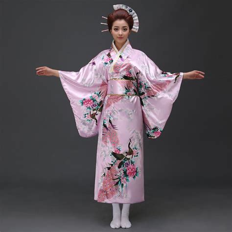 Pink Traditional Japanese Women's Satin Kimono Bath Gown Yukata With Obi Dress Clothing Mujeres ...