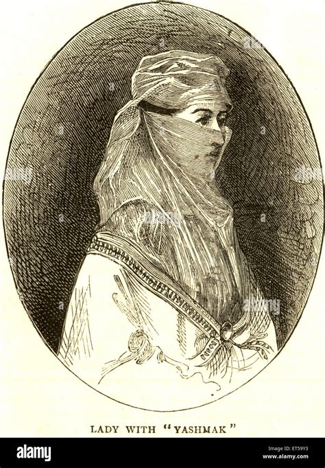 woman wearing yashmak yashmac yasmak Turkish Turkmen veil niqab old vintage 1800s engraving ...