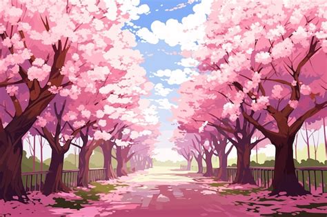 Premium Photo | A pink cherry blossom tree lined road with a path in ...