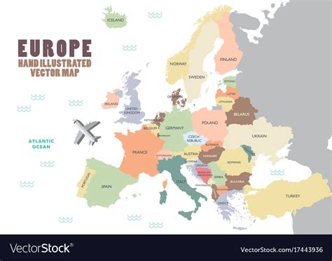 Europe map with colour and name Royalty Free Vector Image