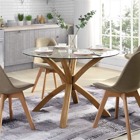 Lugano 110cm Round Glass Top Solid Oak Legs Dining Table | Shop ...