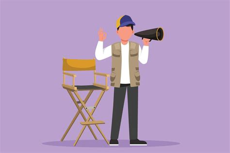 Character flat drawing male film director standing and holding megaphone with okay gesture while ...