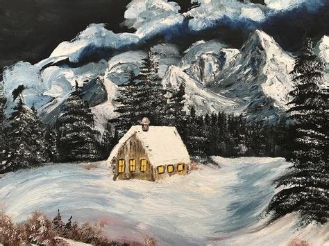 Cabin In The Mountains Surrounded By Evergreen Trees - Bob Ross Style Painting, Acrylic on 16x ...