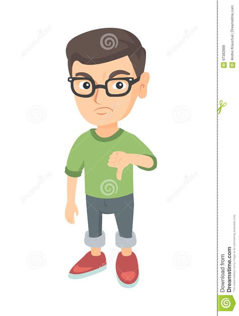 Disappointed Caucasian Boy with Thumb Down Stock Vector - Illustration of glasses, person: 97382888