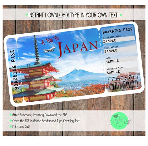 Printable Ticket to Japan Boarding Pass, Customizable Template, Digital File You Fill and Print ...