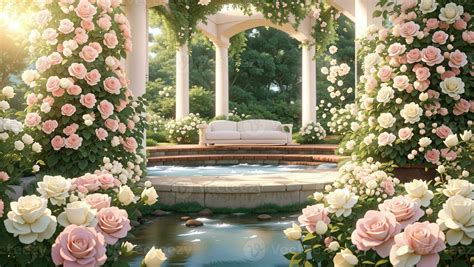 Romantic Rose Garden with Gazebo and Pond Background 27391275 Stock ...