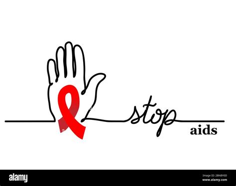 Stop aids. Vector background with hand and red ribbon, loop. Stop aids lettering, one continuous ...