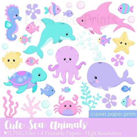 Cute Sea Animals Clipart - Sea creatures clip art - Digital Download ...