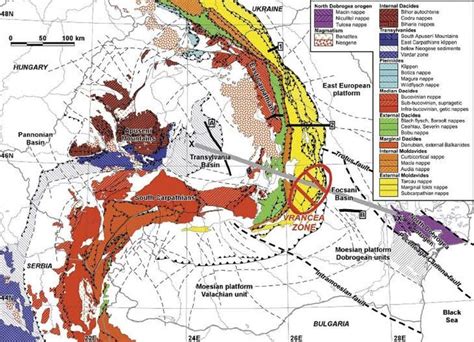 Location of Vrancea test area and main tectonic units on geologic map ...