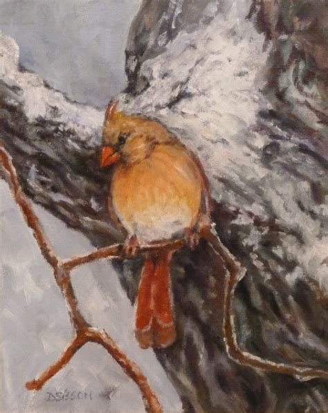 Daily Painting Projects: Winter Cardinal Oil Painting Art Bird Wildlife Snow Ice