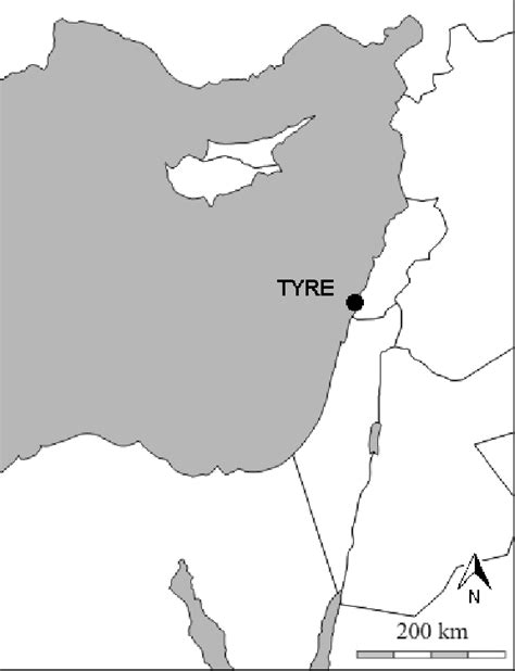 Map of the eastern Mediterranean with location of Tyre, Lebanon ...